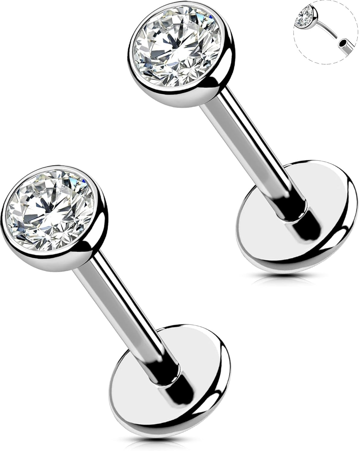 OUFER 2Pcs 20G/18G/16G G23 Titanium Threadless Nose Stud Earrings Flat Back Tiny CZ Small Nose Helix Cartilage Tragus Conch Labret Medusa Monroe Piercing Jewelry for Women Men