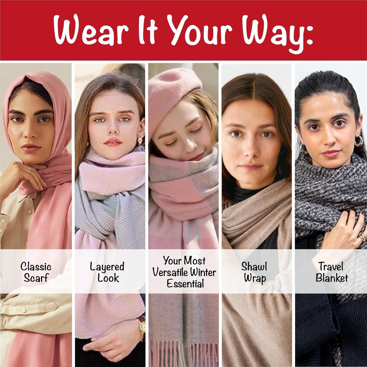 Winter Scarf for Women-Reversible Scarf with Cashmere-Like Softness 70X200Cm - Warm Shawl Wrap -Pashmina Shawls Wrap