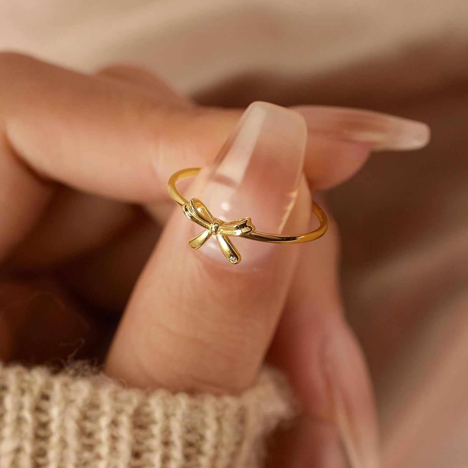 Bow Rings for Women Mother Daughter Friendship Knot Ring 925 Sterling Silver Dainty 14K Gold Plated Promise Rings for Her Birthday Graduation Gifts