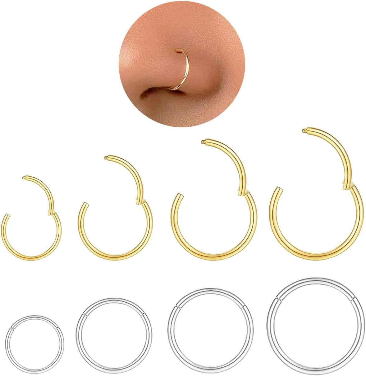 Hypoallergenic Nose Rings Hoops Set for Women Men: 8Pcs 18G Gold/Silver 316L Surgical Stainless Steel Nose Hoops Hinged Clicker Septum Rings for Nose Cartilage Body Piercing Jewelry 6Mm 8Mm 10Mm 12Mm