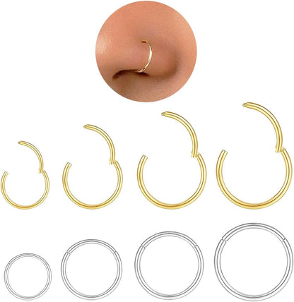 Hypoallergenic Nose Rings Hoops Set for Women Men: 8Pcs 18G Gold/Silver 316L Surgical Stainless Steel Nose Hoops Hinged Clicker Septum Rings for Nose Cartilage Body Piercing Jewelry 6Mm 8Mm 10Mm 12Mm