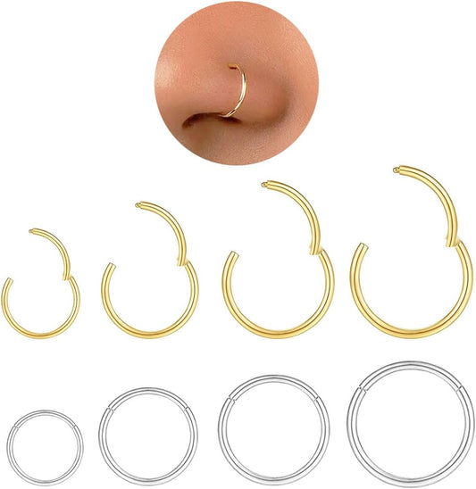 Hypoallergenic Nose Rings Hoops Set for Women Men: 8Pcs 18G Gold/Silver 316L Surgical Stainless Steel Nose Hoops Hinged Clicker Septum Rings for Nose Cartilage Body Piercing Jewelry 6Mm 8Mm 10Mm 12Mm