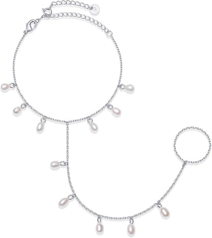 PAVOI 14K Gold Plated Hand Chains for Women - Adjustable Hand Chain Bracelet and Ring - Trendy Gold Handchain Bracelet Stack Summer Jewelry - Beads, Pearl, and Cubic Zirconia Body Jewelry