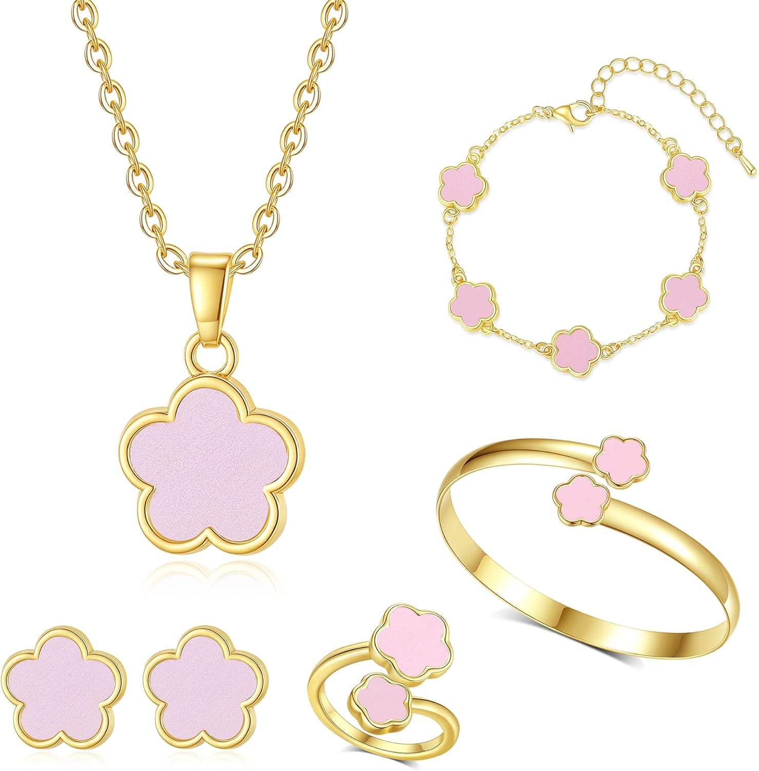 Clover Jewelry Set for Women Non Tarnish Gold-Tone Five Leaf Clover Necklace, Earrings, Ring, Bracelet Fashion Simple Floral Jewelry Set