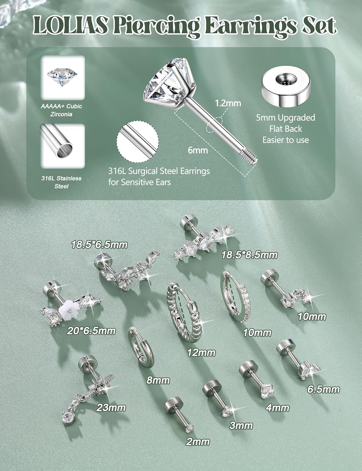 LOLIAS 16 Gauge Cartilage Earrings for Women Flat Back-Hypoallergenic Surgical Stainless Steel Stud Hoop Cartilage Earring Set Daith Conch Tragus Helix Piercing Jewelry Single PC