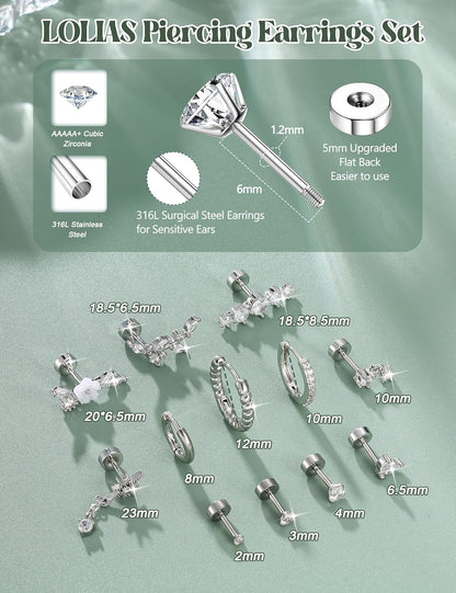 LOLIAS 16 Gauge Cartilage Earrings for Women Flat Back-Hypoallergenic Surgical Stainless Steel Stud Hoop Cartilage Earring Set Daith Conch Tragus Helix Piercing Jewelry Single PC