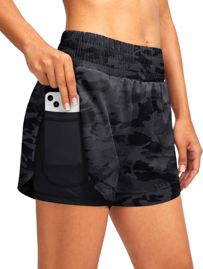 Soothfeel Women'S 2 in 1 Running Shorts High Waisted Athletic Shorts Exercise Gym Workout Shorts for Women with Pockets