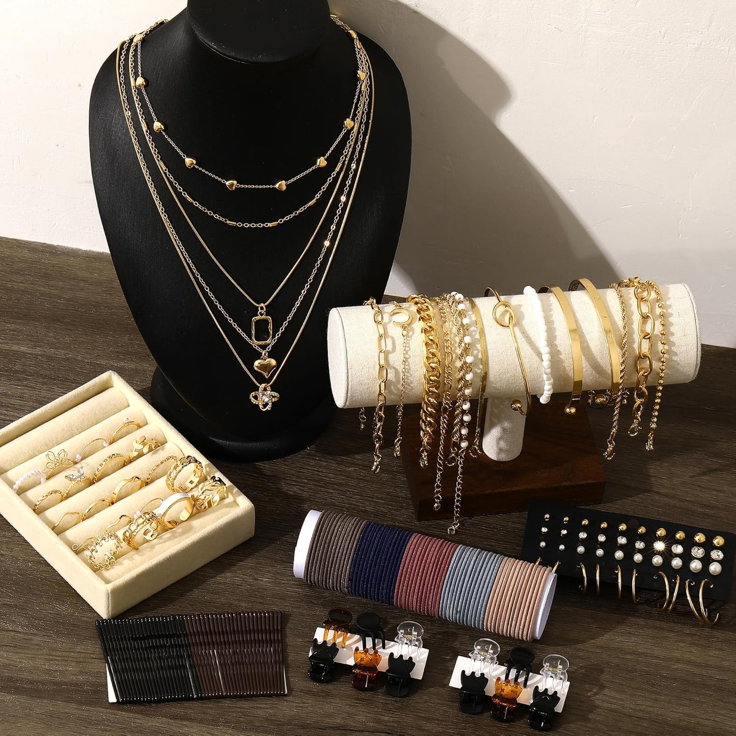 Complete gold jewelry set organized and displayed