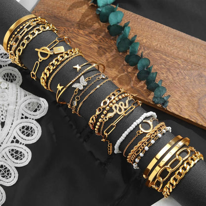 17IF 24-25 Pcs (6 Pack) 14K Gold Ankle Bracelets Set for Women Boho Stackable Bangles Cuff Charm Chunky Wrist Jewelry