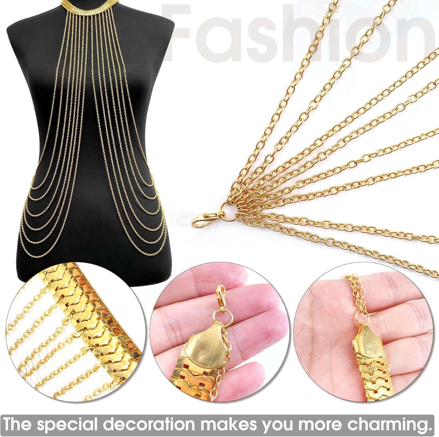 Yomiie Body Chain Layered Gold Tassels Necklace Fashion Jewelry Belly Waist Bra Boho Hot Bikini Beach Harness Anniversary Festival Gift for Women Lady