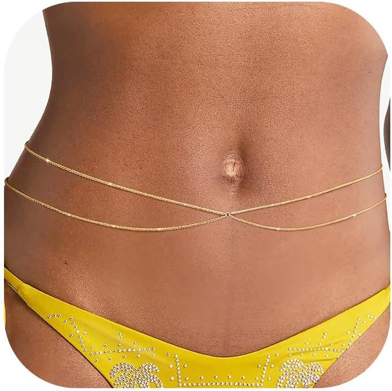 MOODEAR Christmas Gifts Waist Chain for Women - Waterproof 14K Gold Plated/Silver Layered Belly Beads Chains with Drop Cubic Zirconia Body Chain Jewelry Sexy Bikini Belt Gift for Summer Beach