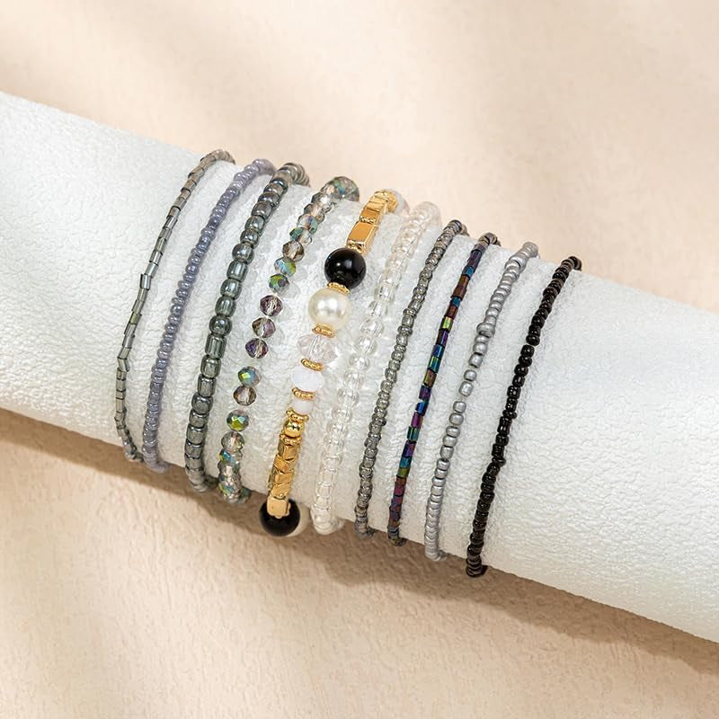 Pingyongchang Bohemian Stackable Bead Bracelets for Women Multilayer Stretch Bangles Bracelet Set Handmade Multicolor Crystal Beaded Bracelets Set Boho Charms Jewelry