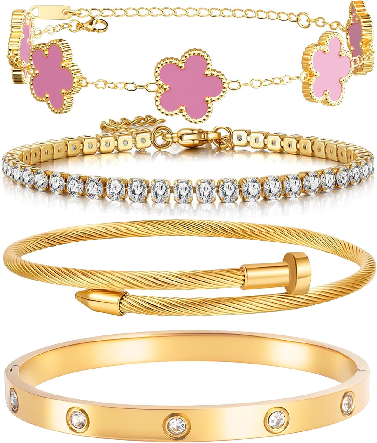 18K Gold Plated Womens Stackable Floral Gold Clover Bracelets Set Love Bangle Bracelets Non Tarnish, Nail Bracelet Set Trendy Jewelry,Gifts for Women'S Day and Mother'S Day
