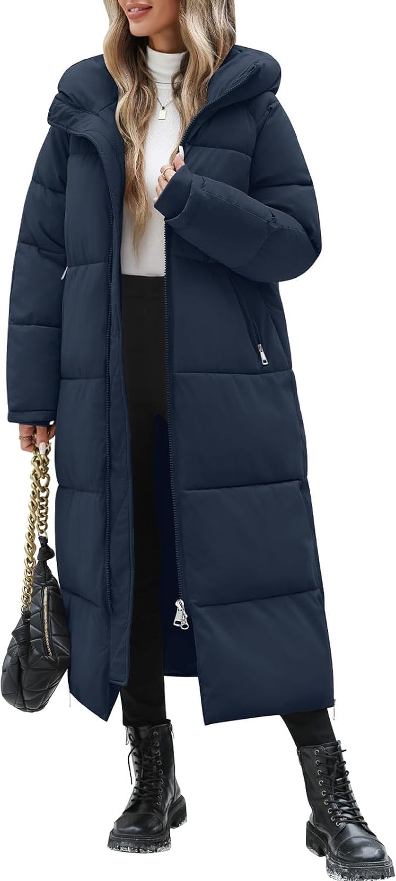 Full length view of trendy padded winter coat with slit hem