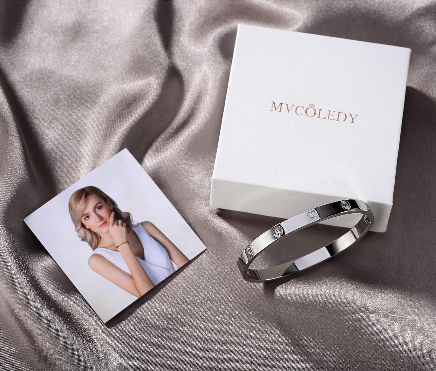 Christmas Gift MVCOLEDY Jewelry Gold /White Gold Plated Bangle Bracelet Heart Stone Stainless Steel with Crystal Bangle Bracelets for Women Jewelry Size 6.7 Inches