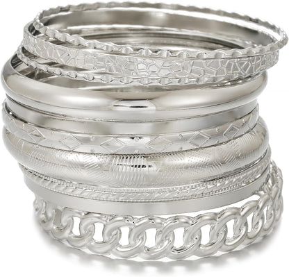 Gold Bangles for Women, 12 Pcs Boho Stackable Bracelets Multi Layer Textured Chunky Bracelets Jewelry Set for Women