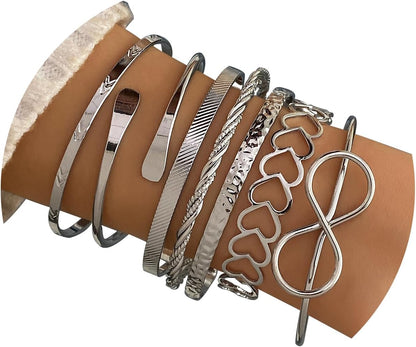 17IF Silver Bangle Bracelet for Women, 14K Multilayer Charm Textured Stackable Bracelets Lightning Bangles Indian Chunky Cuff Fashion Jewelry Gift