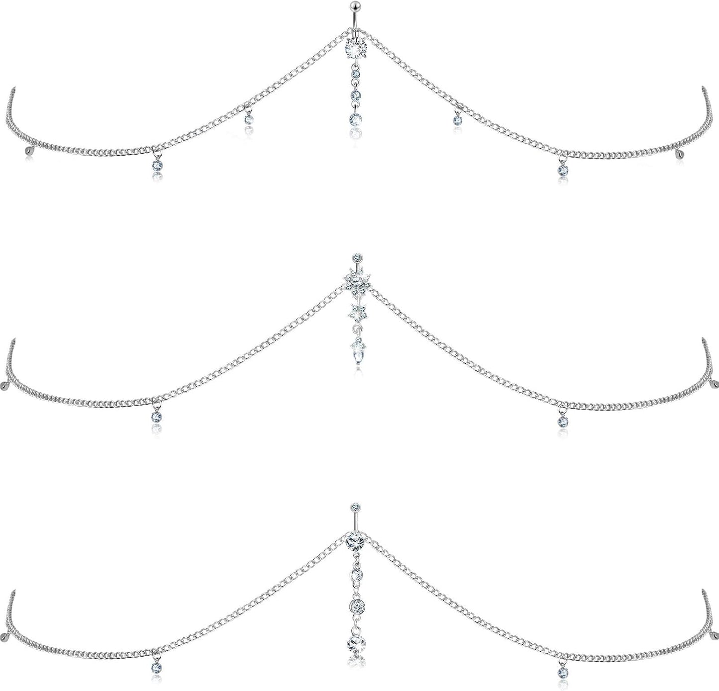 Hicarer 3 Pieces Crystal Belly Ring with Chain Rhinestone Waist Body Chain Bikini Belly Jewelry Beach Accessories Jewelry for Women Adults