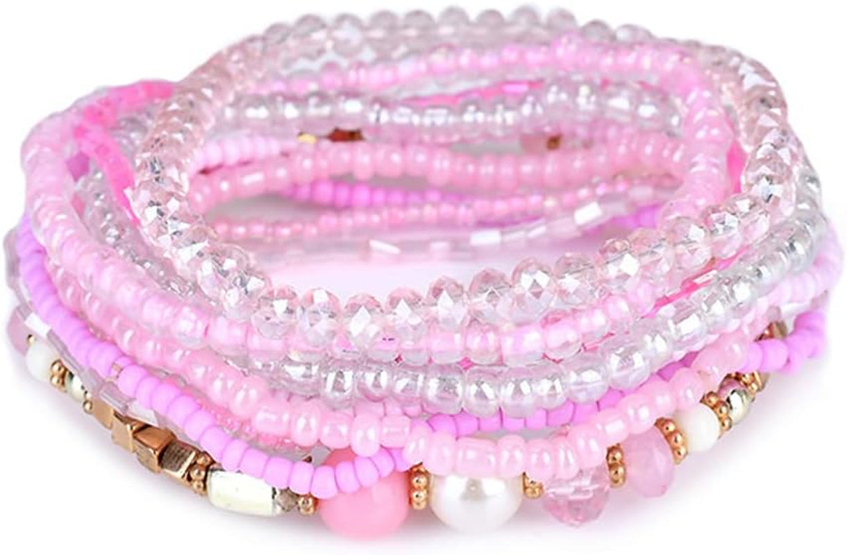 Pingyongchang Bohemian Stackable Bead Bracelets for Women Multilayer Stretch Bangles Bracelet Set Handmade Multicolor Crystal Beaded Bracelets Set Boho Charms Jewelry