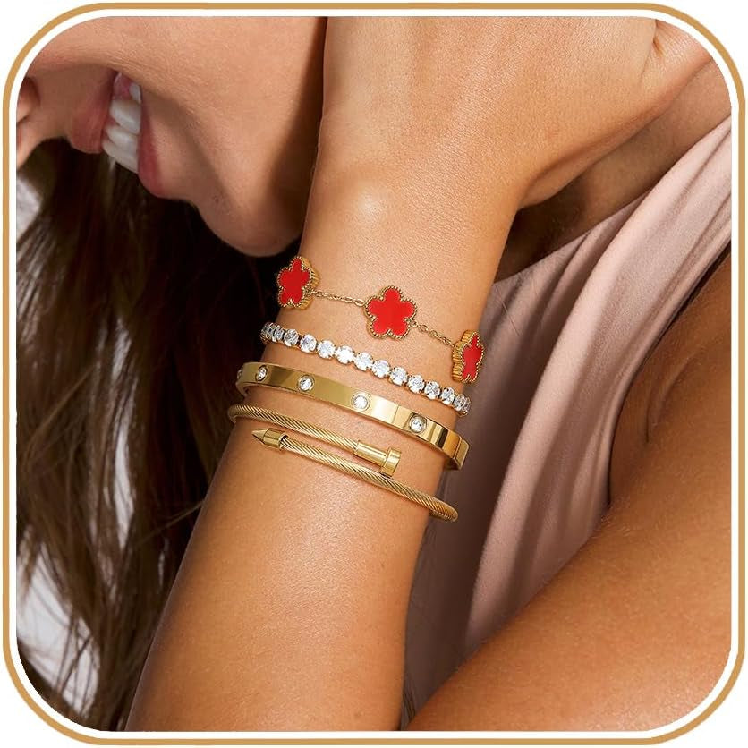 Gold Tone Clover Bracelets Set Love Bangles Bracelets for Women Non Tarnish, Stacking Bracelets Trendy Jewelry Gift for Women