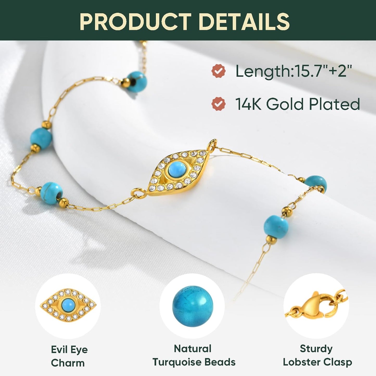 Gold Evil Eye Turquoise Necklace - 14K Gold Plated Turquoise Beaded Necklaces,Non Tarnish Golden Lucky Protection Western Jewelry,Trendy Boho Evil Eye Choker Gifts for Women Girlfriend Sister Wife