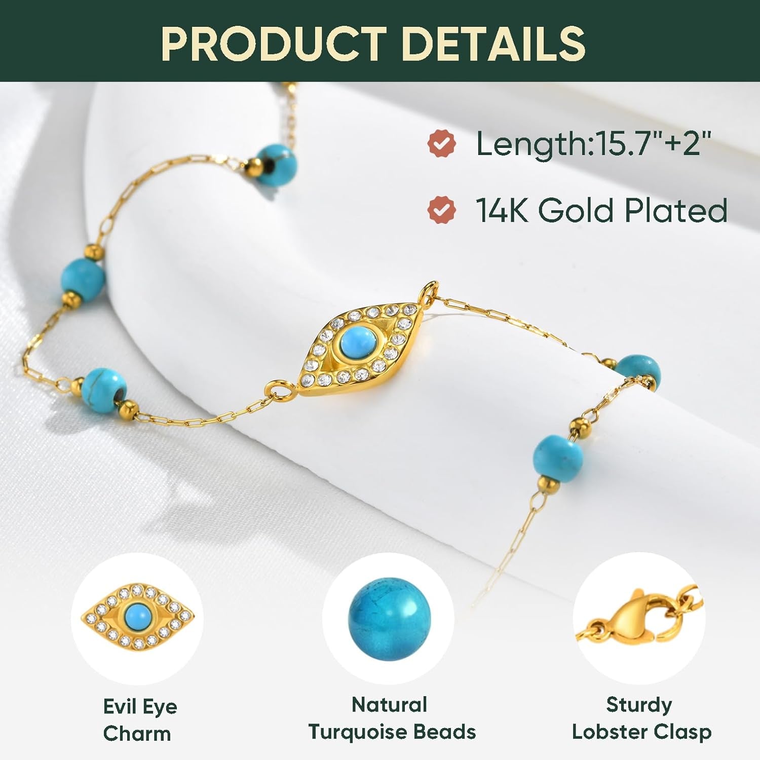 Gold Evil Eye Turquoise Necklace - 14K Gold Plated Turquoise Beaded Necklaces,Non Tarnish Golden Lucky Protection Western Jewelry,Trendy Boho Evil Eye Choker Gifts for Women Girlfriend Sister Wife