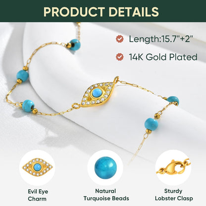 Gold Evil Eye Turquoise Necklace - 14K Gold Plated Turquoise Beaded Necklaces,Non Tarnish Golden Lucky Protection Western Jewelry,Trendy Boho Evil Eye Choker Gifts for Women Girlfriend Sister Wife