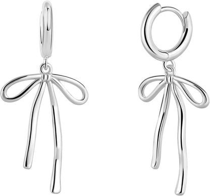 Gold Cherry Bow Heart Drop Dangle Earrings, Huggie Hoop Style, Hypoallergenic Non Tarnish Delicate Ribbon Butterfly Design Dainty Shiny Sensitive Ear for Women Gifts