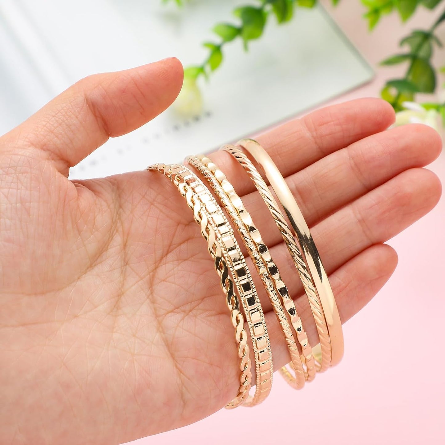 Multi-layer boho gold bangles showcasing diameter and thickness details
