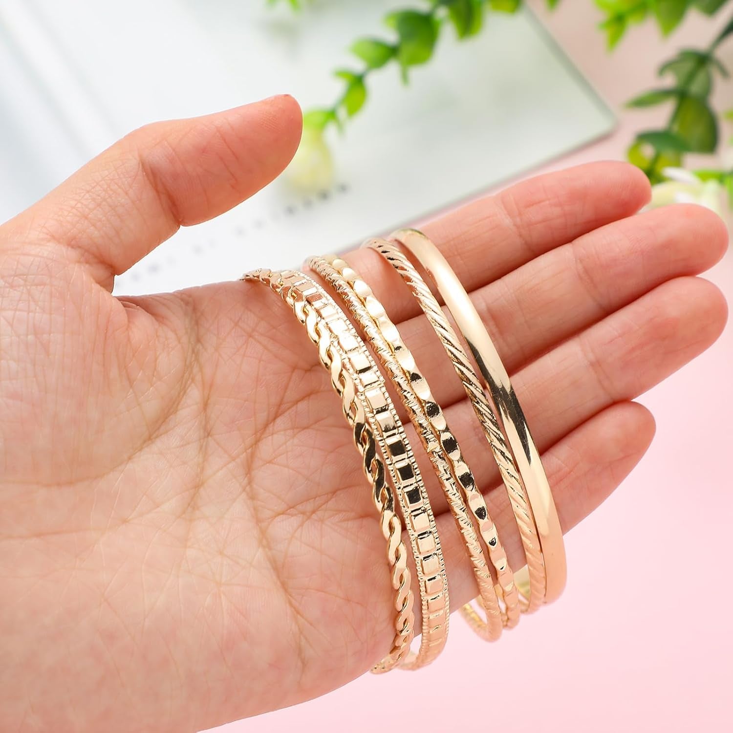 Multi-layer boho gold bangles showcasing diameter and thickness details