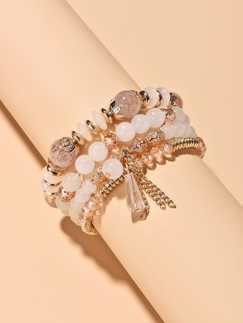 Bohemian Stackable Bracelets for Women Gold Beaded Stretch Charm Bracelets Set Crystal Elastic Multilayer Colorful Charm Bangles Bracelets Summer Beach Multicolor Statement Jewelry