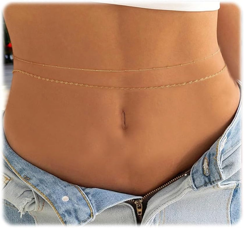 ASCOMY Waist Chains for Women 14K Gold Plated 2Pcs Body Chains Layered Cuban Pearl Satellite Beads Rope Coin Heart Pendant Belly Belt Body Chains Adjustable Bikini Body Jewelry for Women