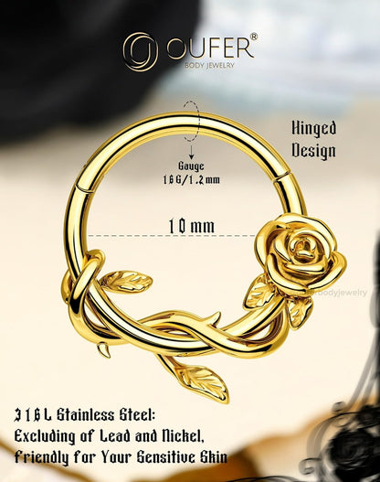 OUFER Flower 16G Gold Septum Rings, 316L Surgical Steel Septum Jewelry, Hinged Clicker Daith Piercing Jewelry, Daith Cartilage Helix Tragus Earring Hoop for Women