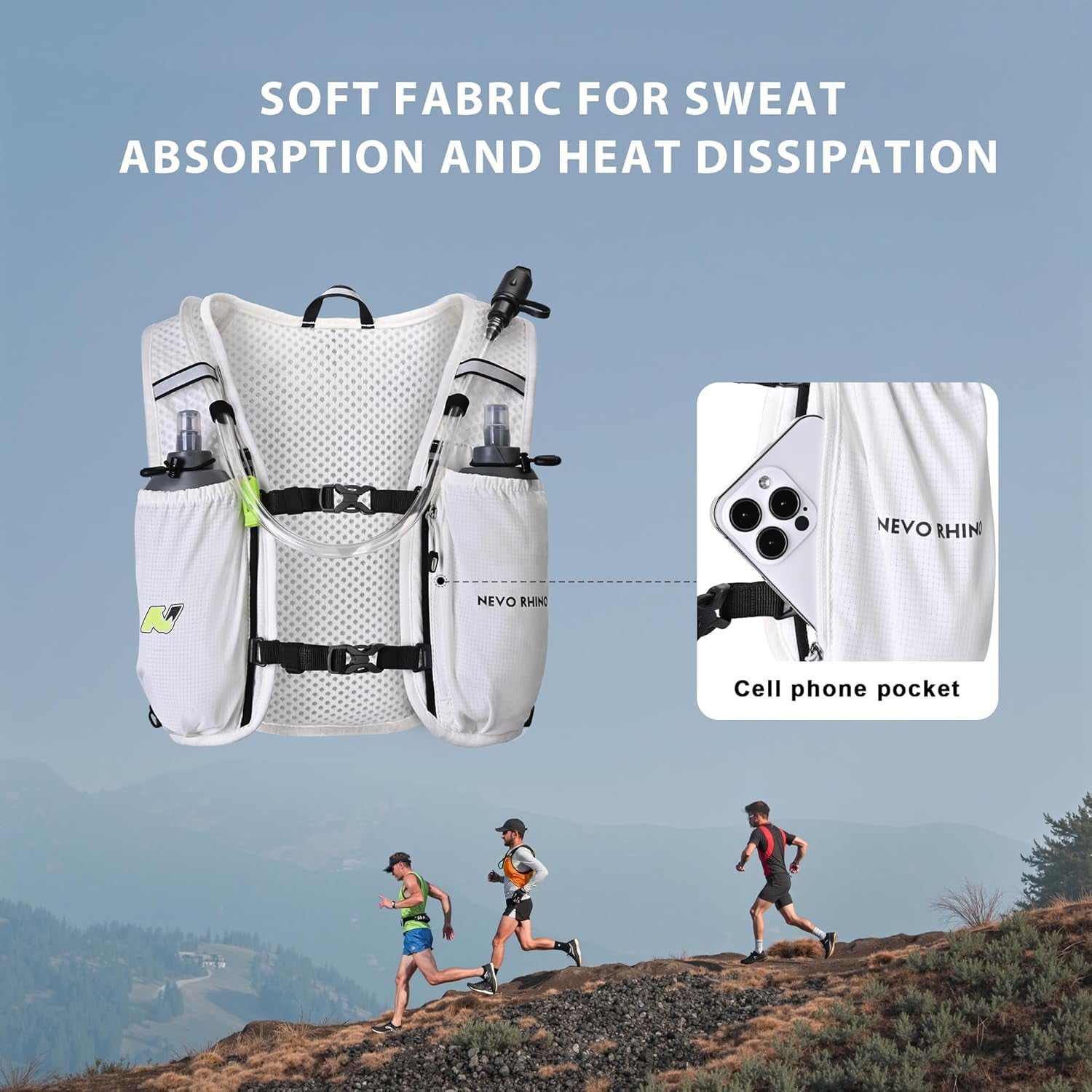 Front pockets and storage on hydration running vest for women