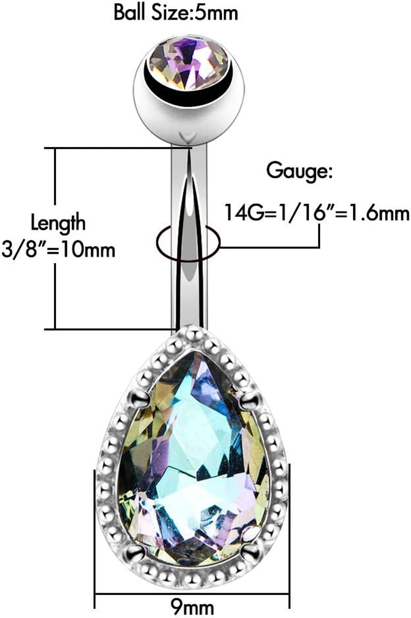 OUFER 14G Surgical Steer Belly Button Rings Tear Drop CZ Gem Navel Rings Belly Jewelry