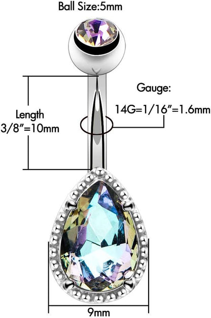 OUFER 14G Surgical Steer Belly Button Rings Tear Drop CZ Gem Navel Rings Belly Jewelry