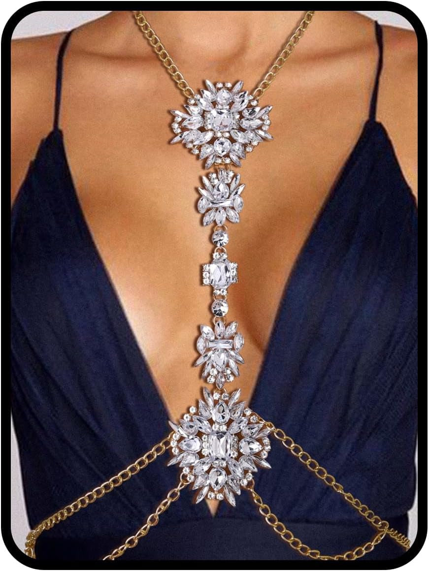ELABEST Boho Rhinestone Statement Chest Chain Crystal Necklace Body Chain Summer Beach Body Jewelry Accessories for Women
