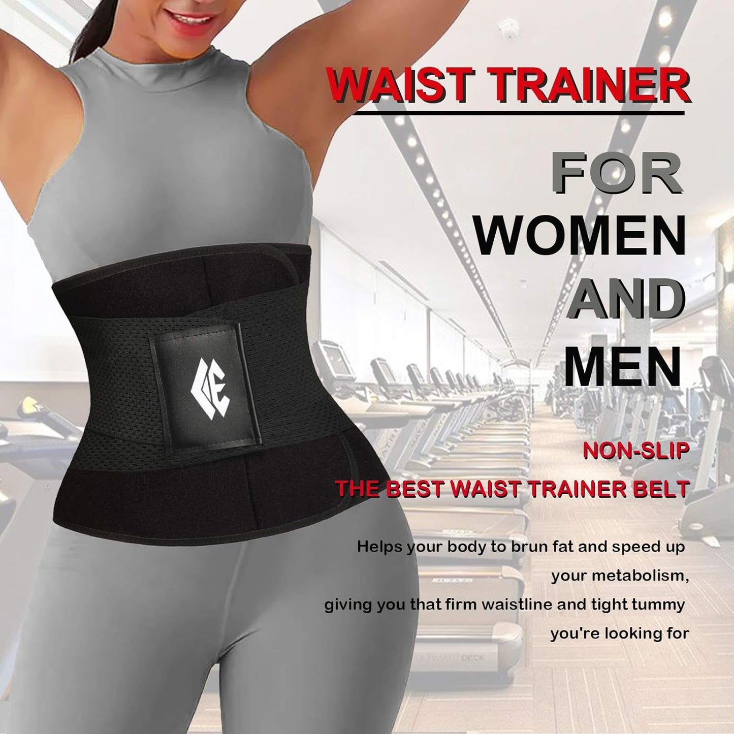 Woman wearing waist trimmer belt demonstrating tummy control