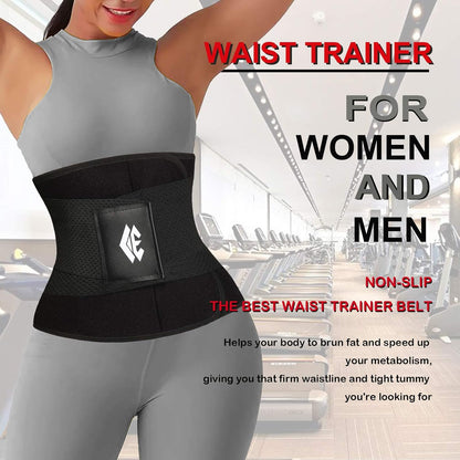 Woman wearing waist trimmer belt demonstrating tummy control