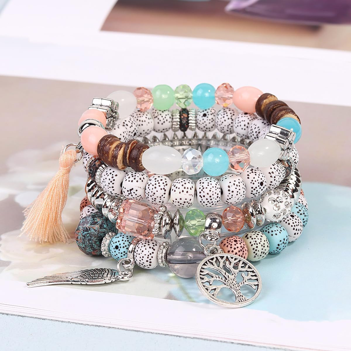4 Sets Bohemian Stackable Bead Bracelets, Stretch Bangle Charm Jewelry 1