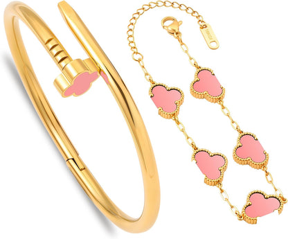 18K Gold Nail Bracelet for Women,Stackable Clover Bangle Bracelets -Stainless Steel Non-Tarnish Trendy Jewelry Christmas Valentines Birthday Gifts for Girlfriend Wife.