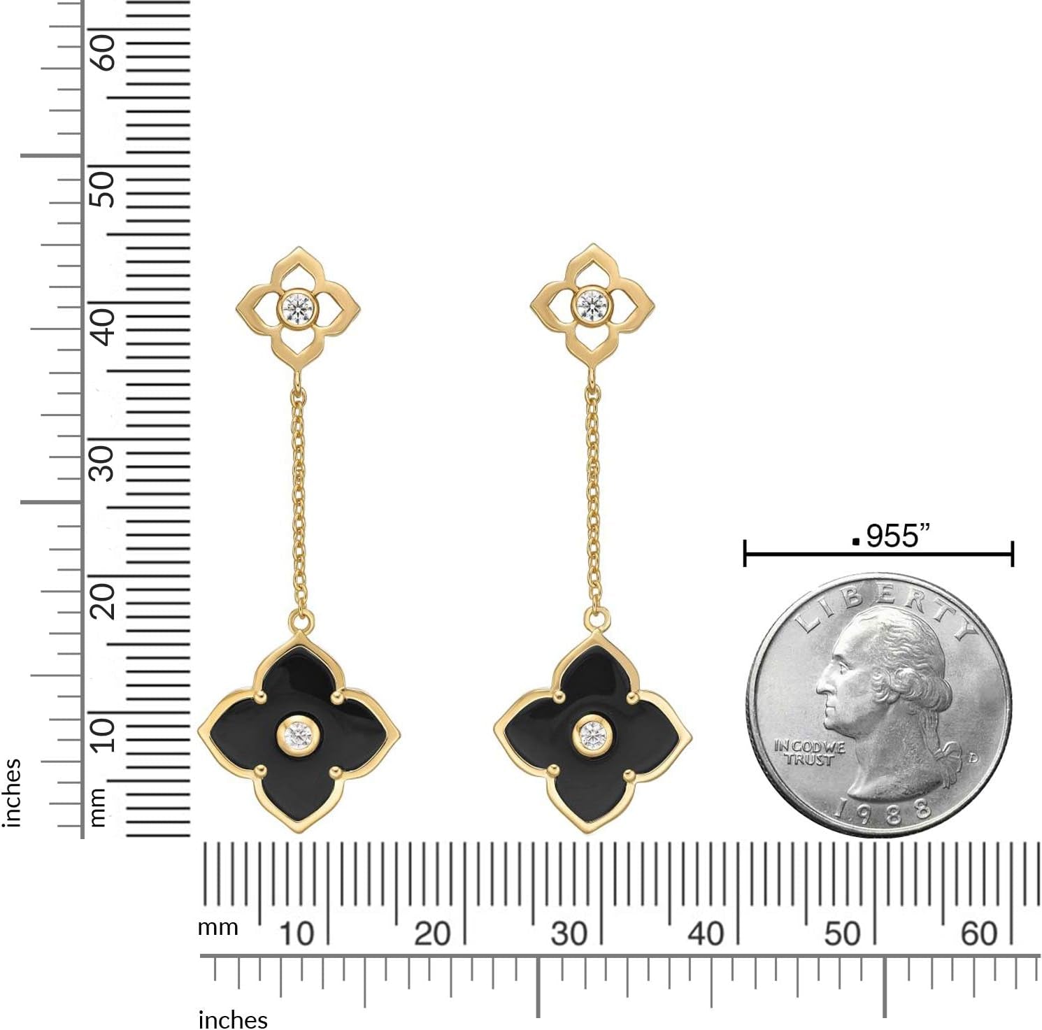 Black Onyx Flower Dangle Drop Earrings for Women in 925 Sterling Silver with Yellow Gold Plating Friction Back by Lavari Jewelers