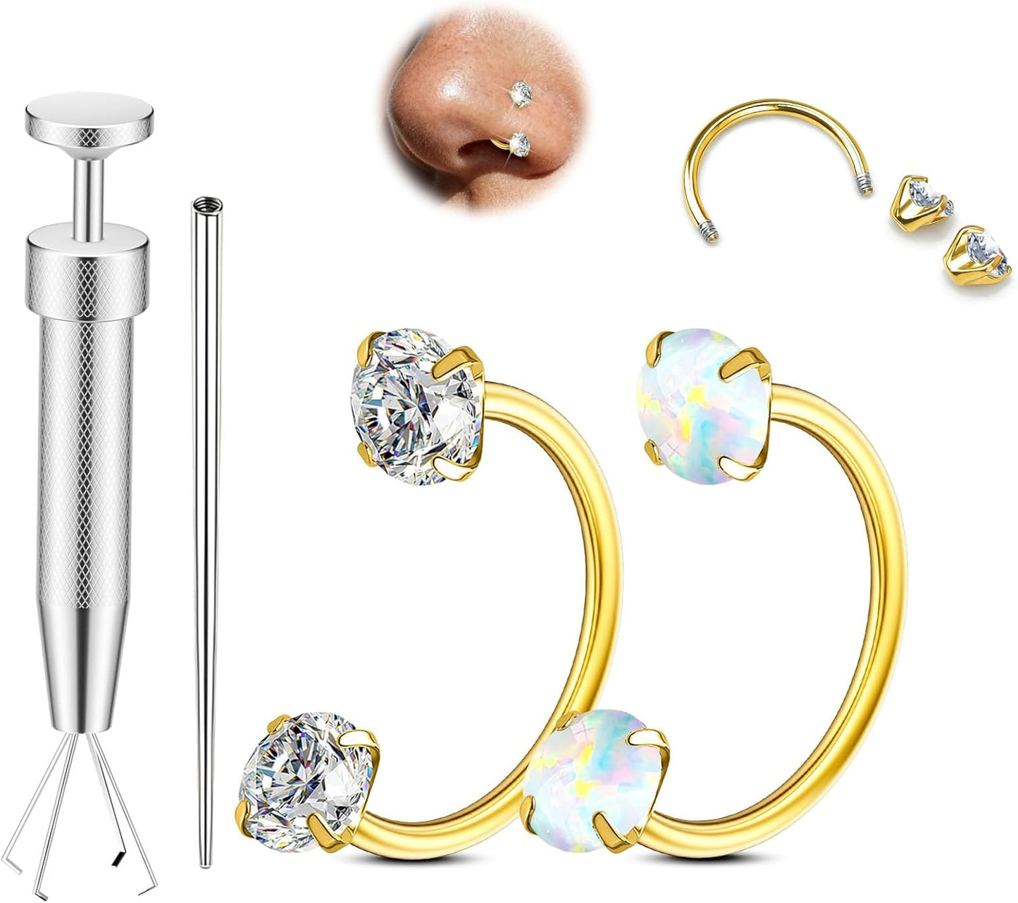 Opal Nose Ring Studs Horseshoe Nose Rings Hoops Stud 316L Stainless Steel Nose Rings round CZ Square Screw L Shaped Nose Stud Hypoallergenic Nostril Piercing Jewelry for Women Men