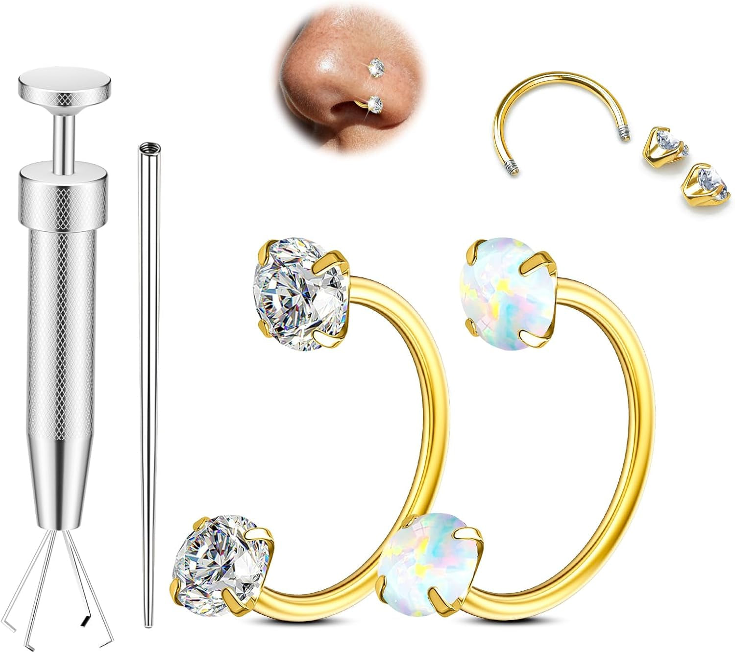 Opal Nose Ring Studs Horseshoe Nose Rings Hoops Stud 316L Stainless Steel Nose Rings round CZ Square Screw L Shaped Nose Stud Hypoallergenic Nostril Piercing Jewelry for Women Men