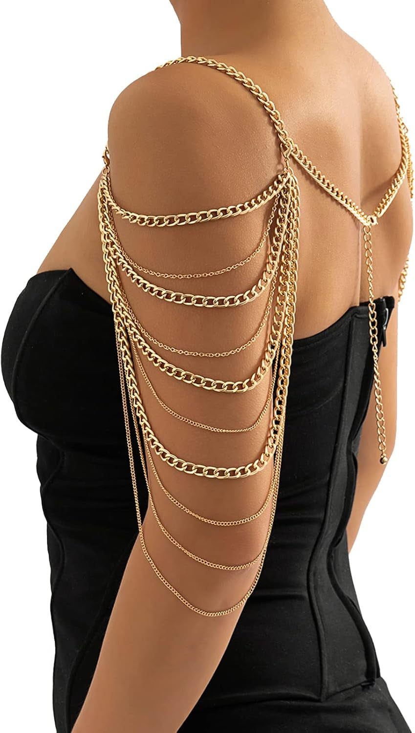 Summer Beach Punk Shoulder Body Chain Multi-Layered Back Chain Bikini Metal Tassel Arm Chain Statement Bridal Wedding Backdrop Necklace Body Chain Jewelry for Women