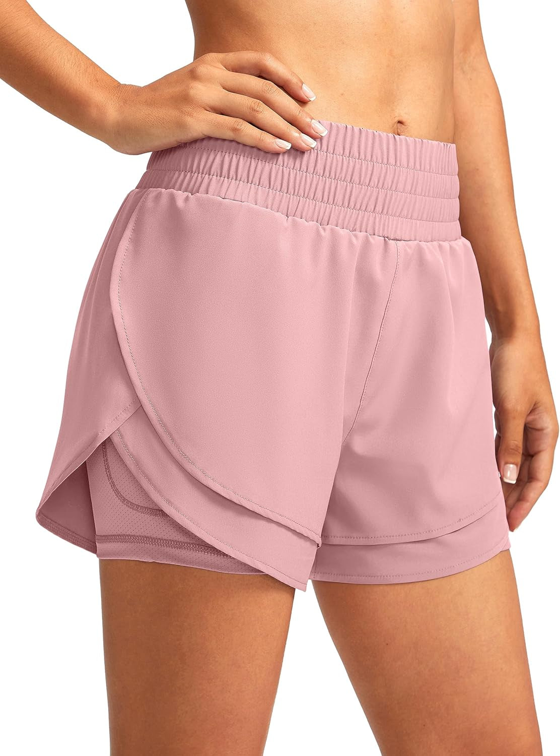 Detail of breathable polyester elastane fabric on women's running gym shorts