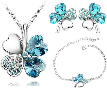AILUOR Four Leaf Clovers Jewelry Set, Fashion Austrian Crystal Rhinestone Lucky Four Leaf Clover Necklace Bracelet or Earrings for Women Wedding Party Gift