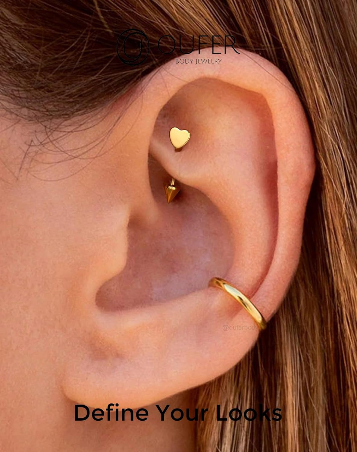 OUFER Rook Piercing Jewelry, G23 Solid Titanium Eyebrow Rings, Heart Vertical Labret Lip Jewelry, 16G Curved Barbells, Daith Rook Earrings for Women Men