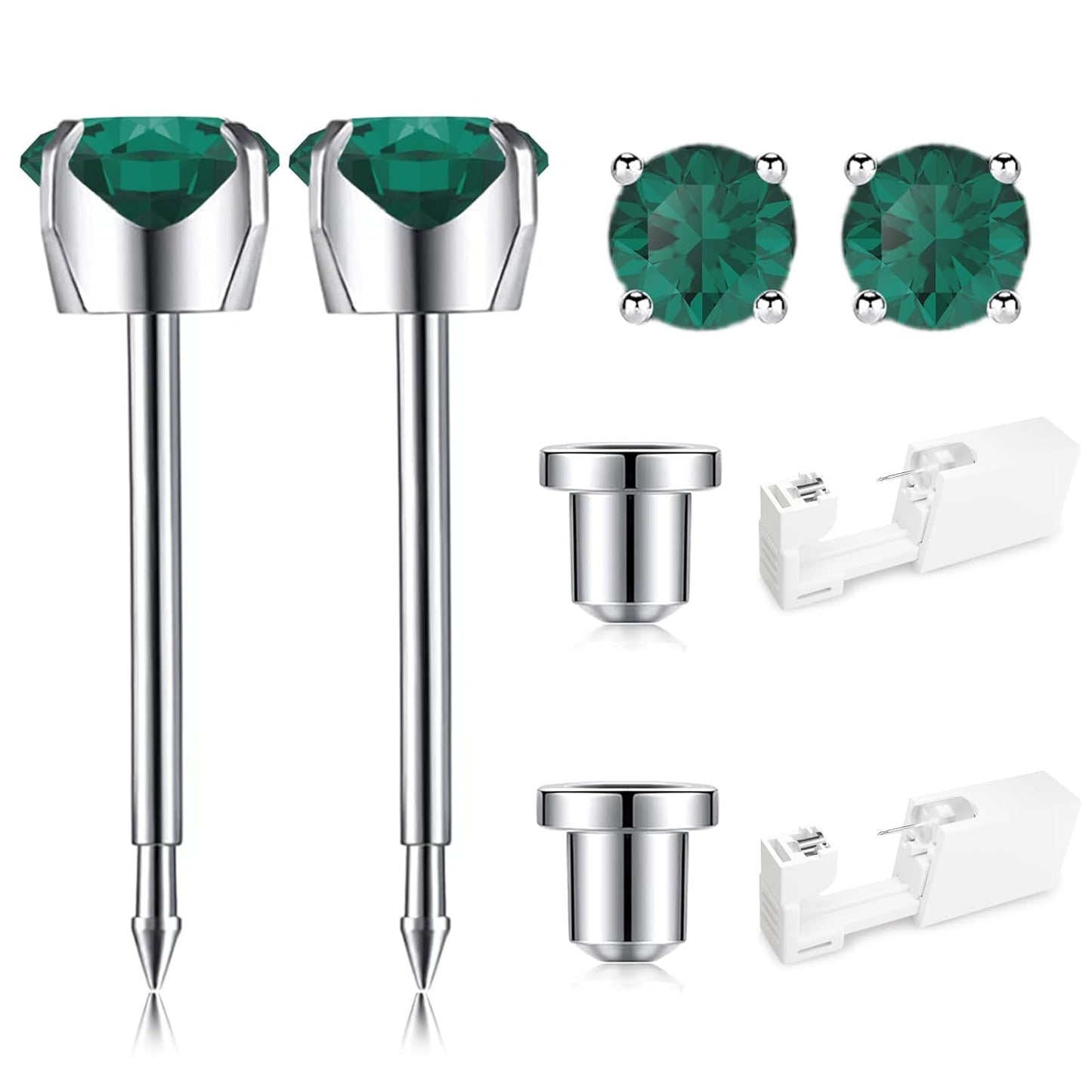 Ear Piercing Kit | Disposable Ear Piercing Gun Kit Made in 316L Surgical Stainless Steel 4Mm - 4Prong Cubic Zirconia | at Home Self Piercing Kit with Earrings Studs
