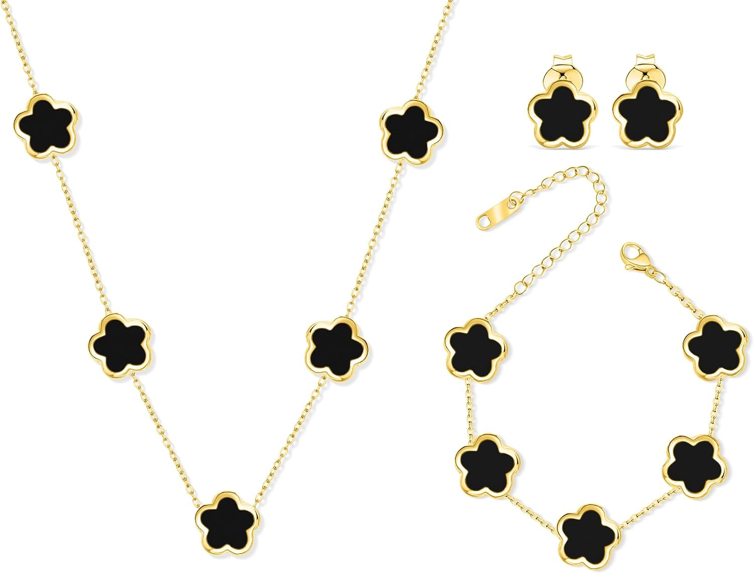 Five Leaf Clover Jewelry Set for Women |18K Gold Plated Bracelet Necklace Earrings | 5 Leaf Lucky Choker and Ear Studs for Mother and Daughter